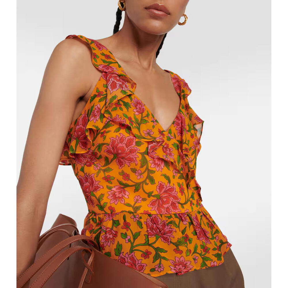 Veronica Beard Floral Ruffle Crop Top - Orange and Pink